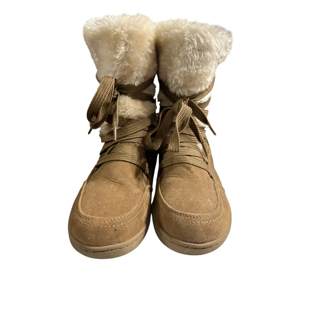 G by GUESS Womens Tan Faux Suede Fur Trim Lace Up Winter Boots Size 8.5M